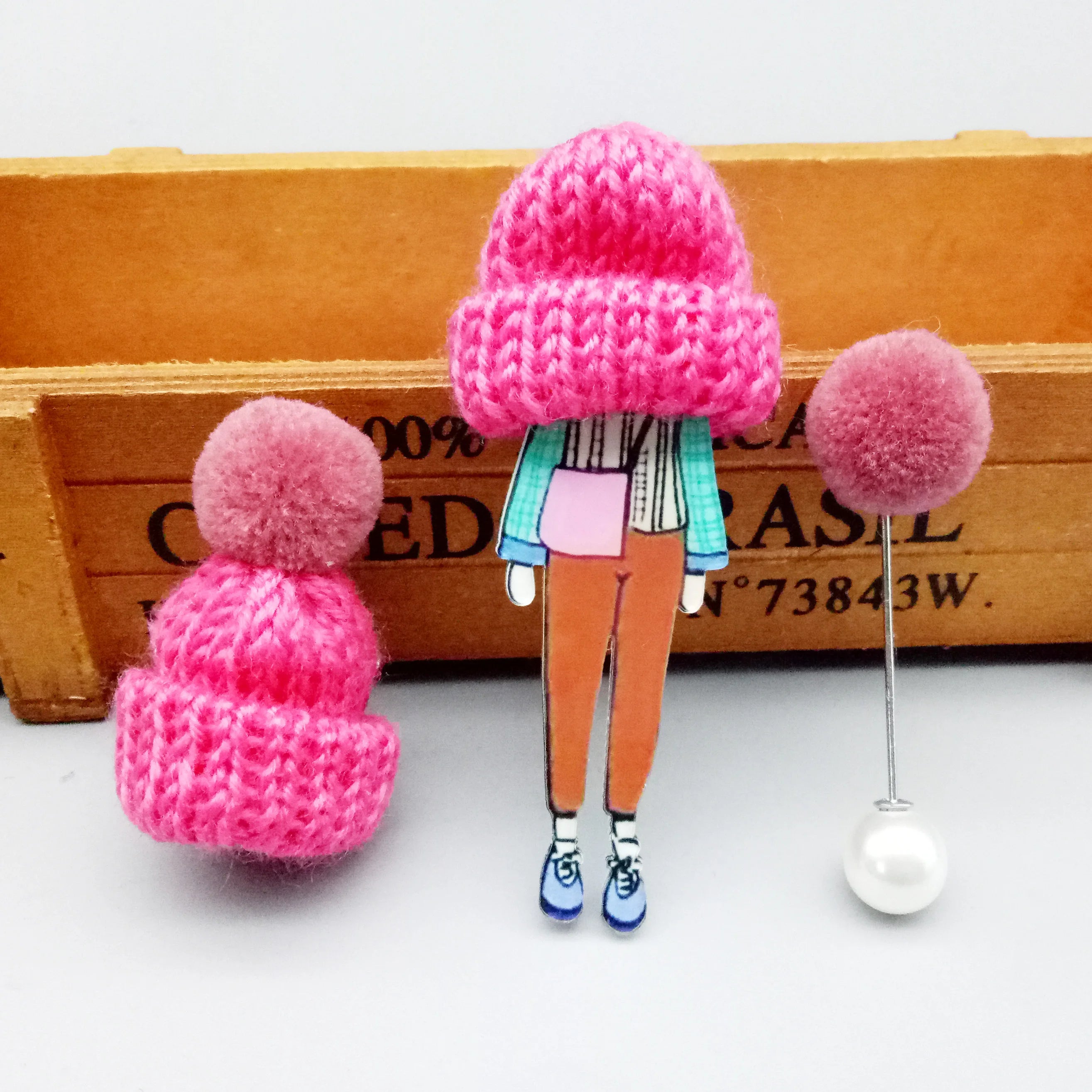 3PCS Set Wool Cap Girl Brooches for Women Acrylic Pins Boys Girls Pompom Bag Sweater Coat Jewelry Accessories Birthday Gift
